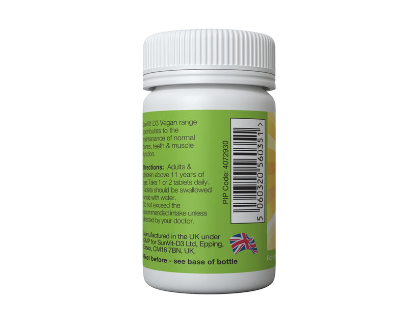 SunVit-D3 Vegan Vitamin D3 1,000iu Tablets x 60s - One a Day Cholecalciferol VIT D3 - Made in The UK by SunVit-D3® - 2 Months’ Supply - Approved Vegan- Plant Based Vitamin D Tablets – Child Friendly - NewNest Australia