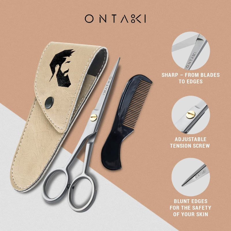 ONTAKI Professional German Beard & Mustache Scissors 5" Inches Comb & Carrying Pouch Hand Forged with Bevel Edge for Precision Perfect Men’s Facial Hair Grooming Kit All Body Facial Hair (Silver) Silver - NewNest Australia