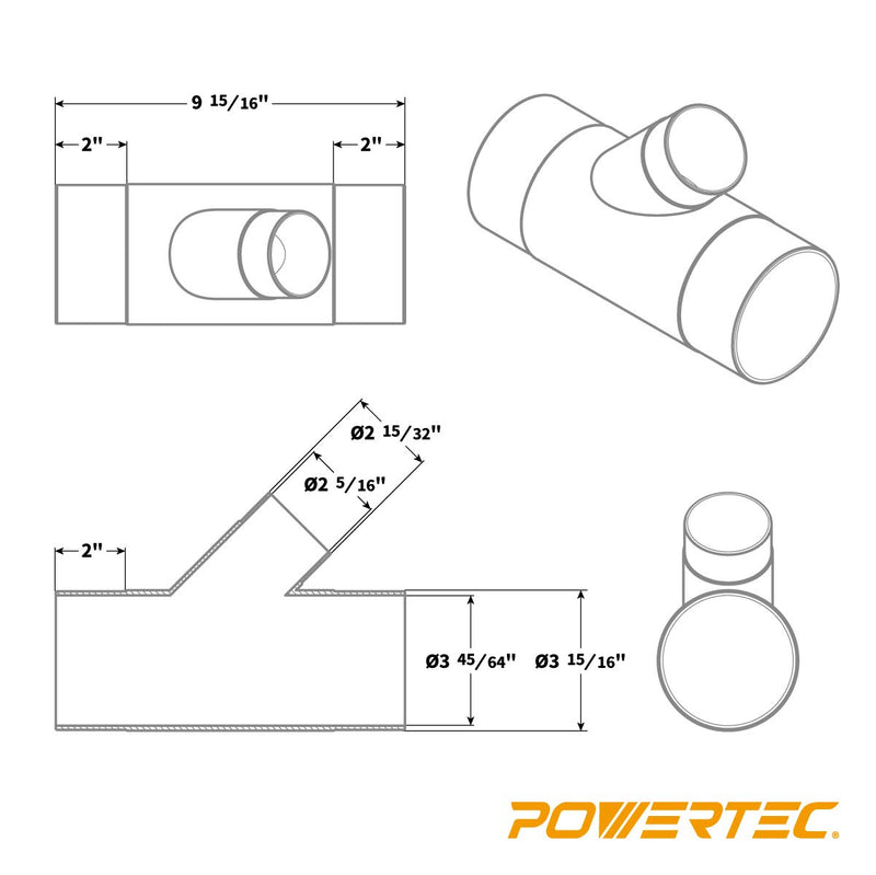 POWERTEC 70190 Y-Fitting, 4 x 2-1/2", Black - NewNest Australia