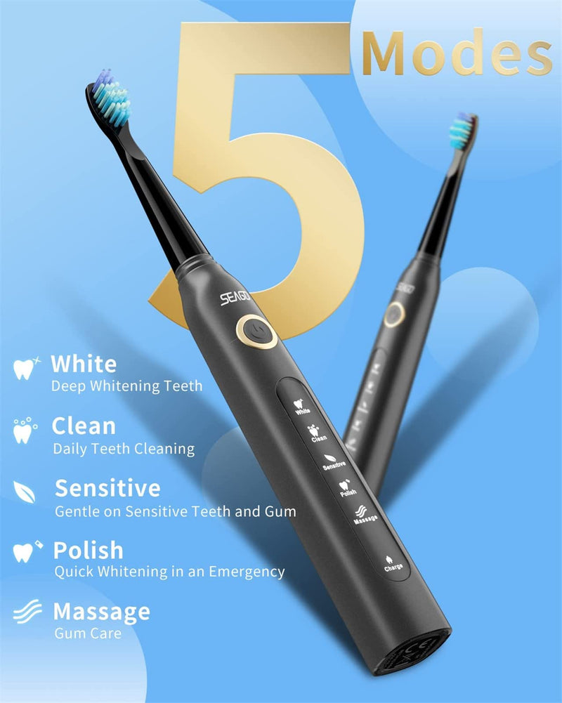 Seago Sonic Electric Toothbrush 507 for Adults, 40,000VPM Ultrasonic Rechargeable Toothbrushes with Smart Timer, 4 Dupont Brush Heads, 5 Cleaning Modes, IPX7 Waterproof (SG-507 Black) Sg-507 Black - NewNest Australia