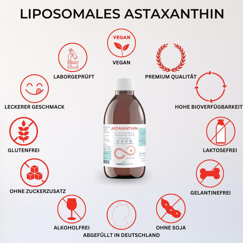 Mighty Elements Liposomal Liposomal Astaxanthin 8 mg, 250ml liquid, glass bottle, 50 servings, vegan, cherry flavor, high bioavailability, high dosage - NewNest Australia