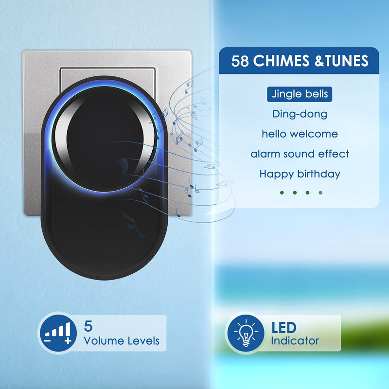 Wireless Doorbell - Satisure Waterproof Door Bell Chime Kit Operating at 1300 Feet 58 Melodies, 5 Volume Levels & LED Flash for Home Store Office Classroom (1 Receiver + 2 Transmitters) 1 Receiver + 2 Transmitters - NewNest Australia