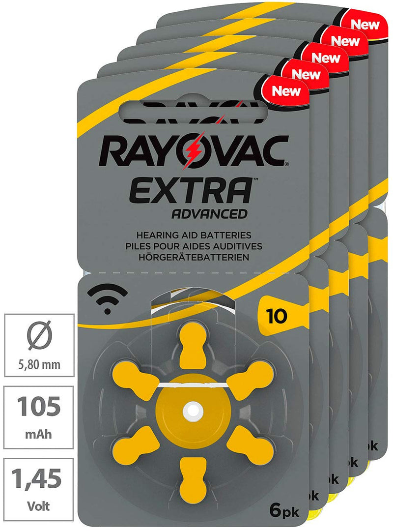 RAYOVAC hearing aid batteries 10 Extra Advanced 1.45V 105 mAh, 5x economy pack of 6 - NewNest Australia