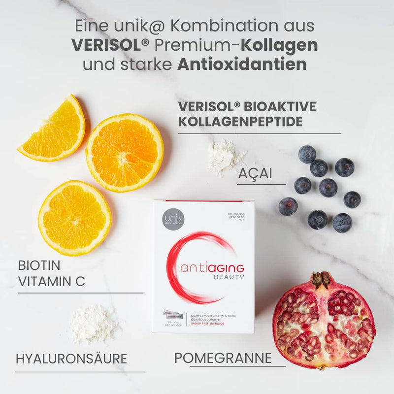 Unik Antiaging Beauty | Hydrolyzed Collagen Verisol (5 Clinical Studies) With Hyaluronic Acid, Pomegranate, A√ßai, Vitamin C, Biotin | Reduces Wrinkles And Skin Sagging | 30 Sticks | Unik Health - NewNest Australia