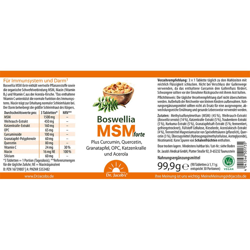 Boswellia MSM forte I frankincense, MSM (organic sulfur), cat's claw, curcumin, OPC, quercetin, pomegranate I for the immune system¹, mucous membranes and intestines² I 90 tablets, 30 servings I vegan - NewNest Australia