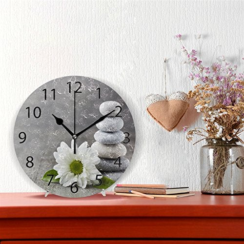 NewNest Australia - ALAZA Hipster Zen Stone and Flower Round Acrylic Wall Clock, Silent Non Ticking Oil Painting Home Office School Decorative Clock Art 