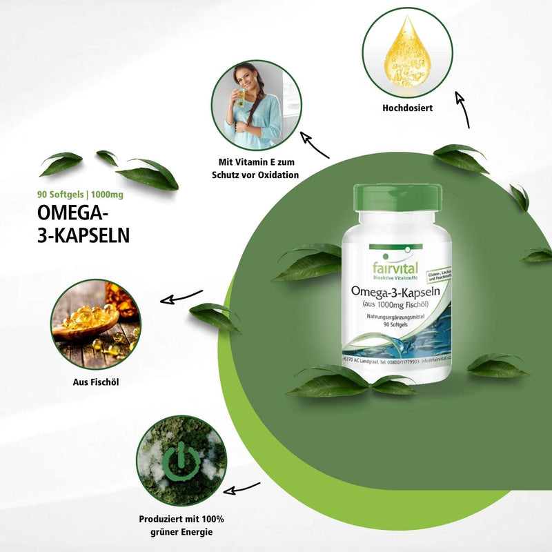 Fairvital | Omega-3 capsules made from 1000 mg fish oil - HIGH DOSE - 3000 mg per daily dose - 90 softgels - with EPA and DHA - NewNest Australia