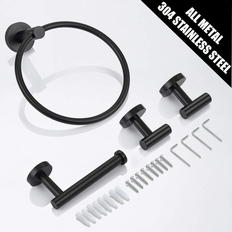 Lairuier Bathroom Hardware Set, Matte Black Stainless Steel 4-Piece Include Hand Towel Ring Toilet Paper Holder and 2 Robe Towel Hooks， Bathroom Wall Mounted Fixtures，Q1M-P4BK - NewNest Australia