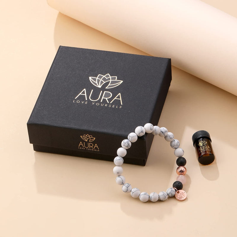 Howlite Bracelet with Rose Quartz, Crystals and Healing Gemstone Jewelry for Anxiety Stress Relief Gifts, Lava Beads - Lava Rock Bracelets for Women Men - White Natural Stone Bracelet Oil Diffuser - NewNest Australia