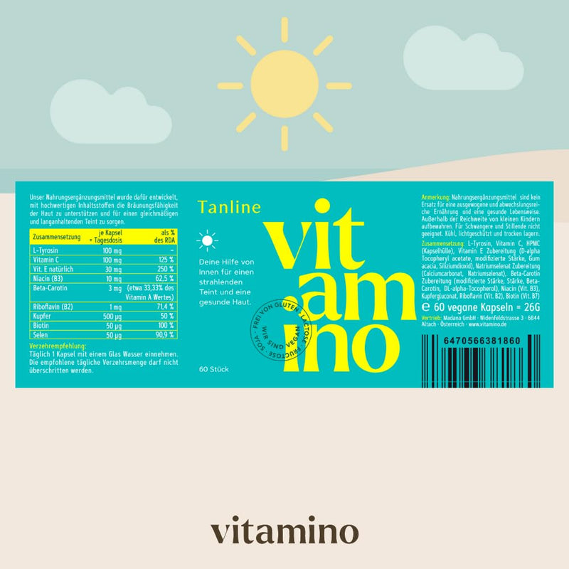 Vitamino Tanline - beta-carotene capsules with L-tyrosine, vitamins, biotin, selenium, tanning capsules, vegan, gluten-free, lactose-free - 60 capsules - NewNest Australia