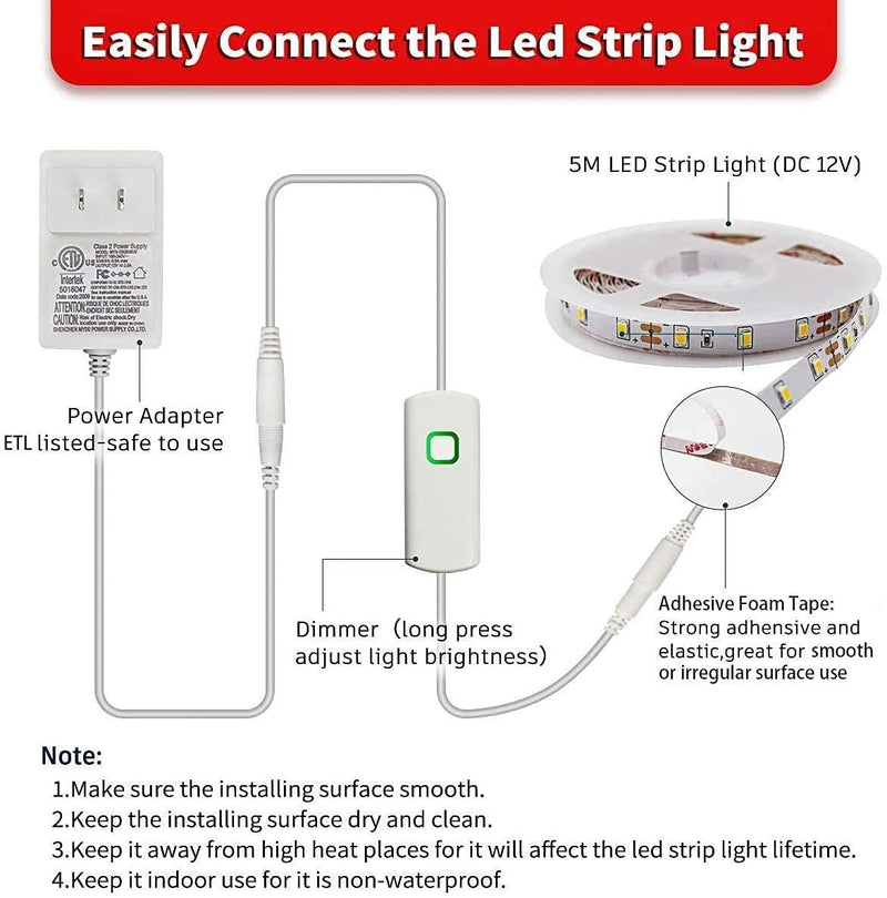 MY BEAUTY LIGHT LED Strip Lights Warm White,16.4ft Dimmable LED Light Strip with Memory Function,300 Bright 3000K 2835 LEDs,Self-Adhesive 12v Flexible LED Rope Lights for Kitchen Cabinet Bedroom Party 16.4FT - NewNest Australia