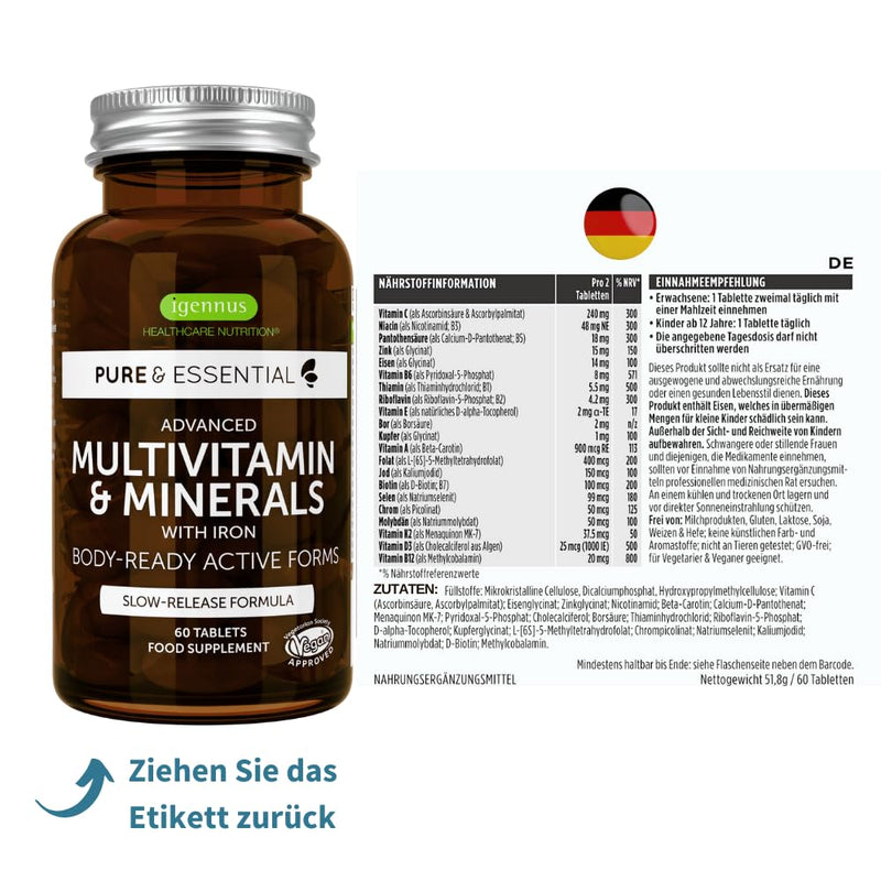 Bioactive multivitamin & mineral complex with extra iron, folic acid as folate, zinc, selenium & vitamin D3, ideal for women, vegan, 60 tablets, from Igennus - NewNest Australia