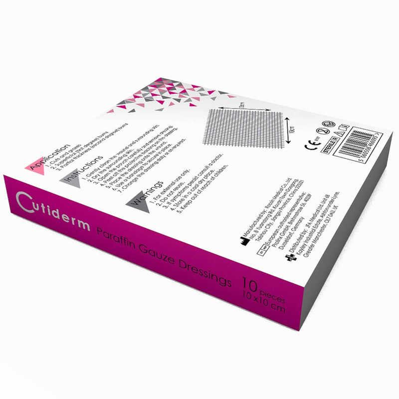 Pack of 10 Cutiderm Sterile Paraffin Gauze Dressing 10cm x 10cm - Suitable for Superficial and Partial Thickness Burns, Skin Loss Wounds, abrasions and Traumatic Injuries 10 Count (Pack of 1) - NewNest Australia