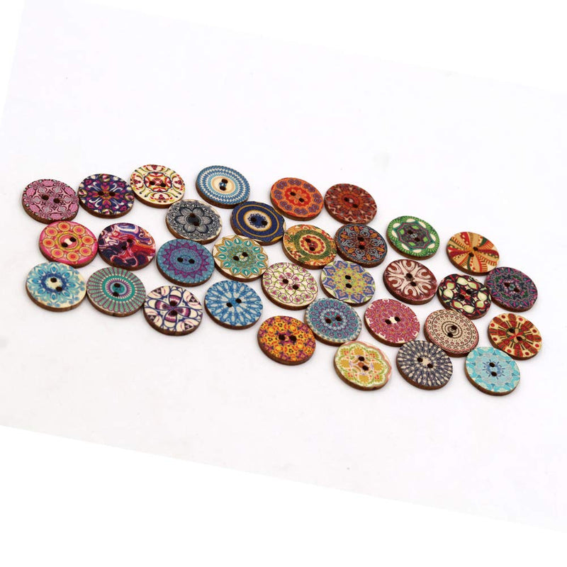 Mahaohao 100pcs Mixed Random Flower Painting Round 2 Holes Wood Wooden Buttons for Sewing Crafting 20mm - NewNest Australia
