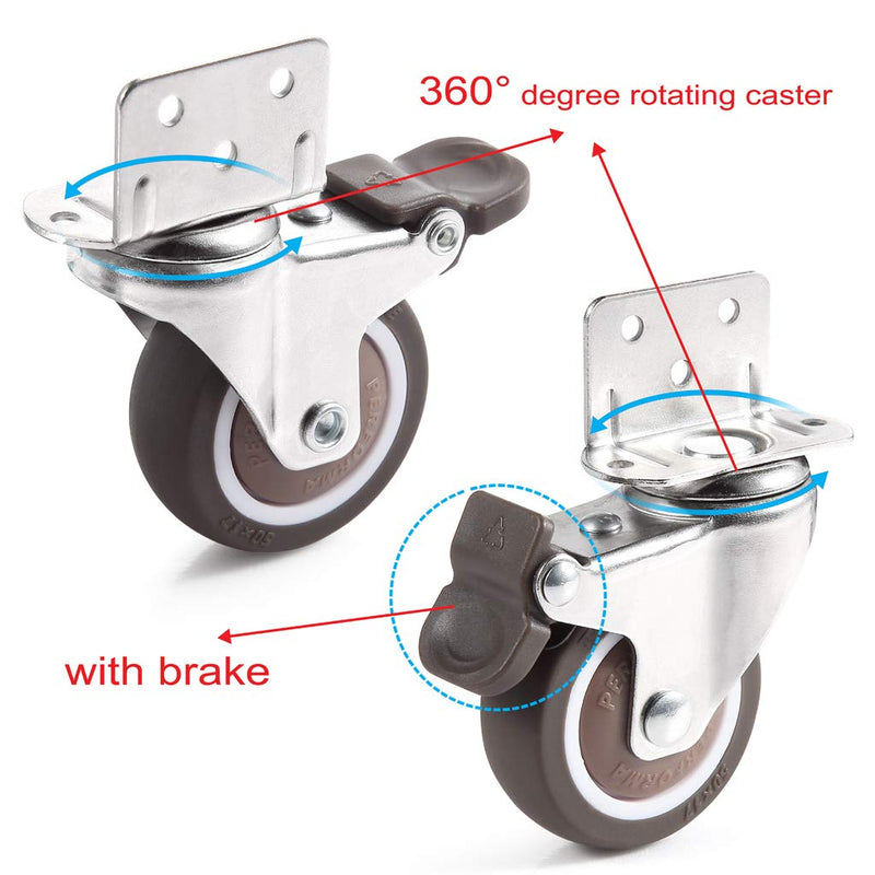 Skelang 4 Pcs 2 Inches Swivel Plate Casters with Brake, TPE Caster, L- Shaped Mute Wheels Replacement for Baby Bed, Carts Trolley, Kitchen Cabinet, Furniture, Table, Loading Capacity 240 Lbs - NewNest Australia