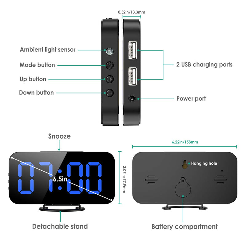 NewNest Australia - ORIA Digital Alarm Clock, LED Mirror Alarm Clock, 6.5inch Large Display LED Clock with Snooze, 12h and 24h Display, Dual USB Charging Ports, 3 Adjustable Brightness Suitable for Bedroom, Office Blue 