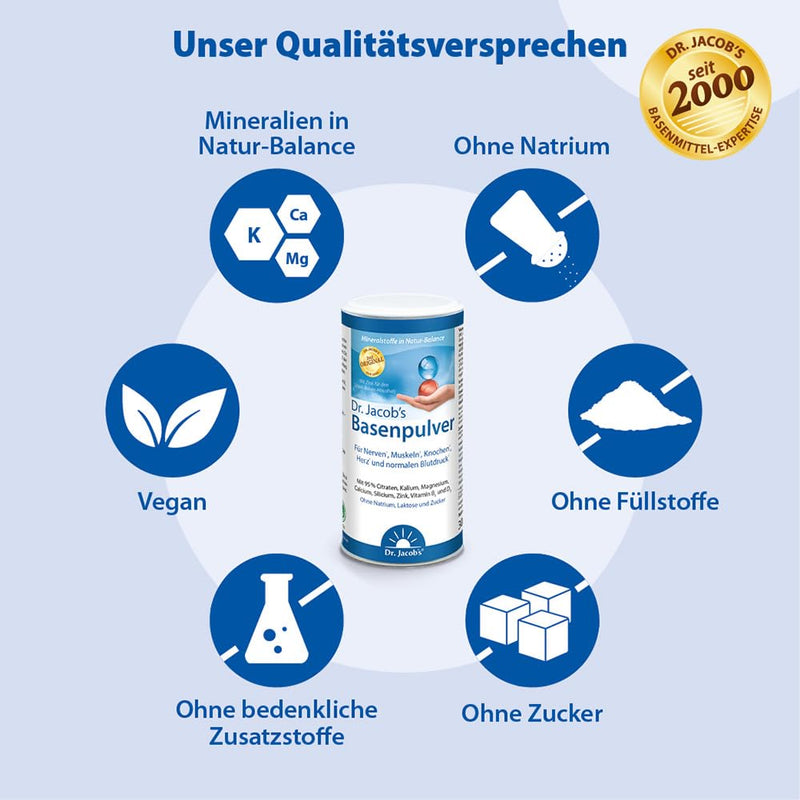 Dr. Jacob's base powder based on citrate I particularly high in potassium as in vegetables and fruit, calcium magnesium zinc vitamin D, also for diets and alkaline fasting I 300 g can of original citrate base powder - NewNest Australia