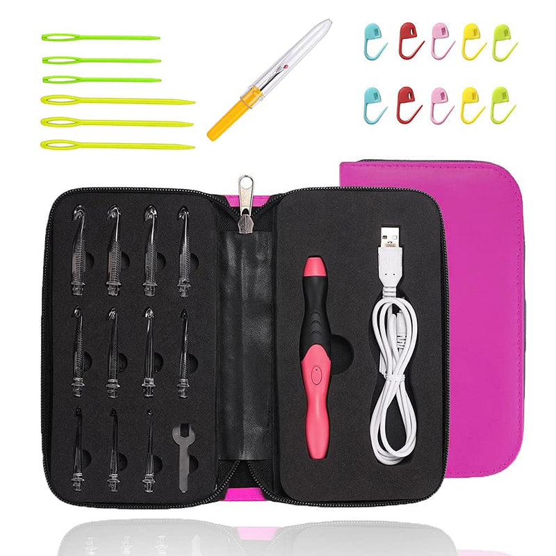 Lighted Crochet Hook,11 Size Interchangeable Heads 2.5mm to 8.0mm with Ergonomic Grip Handle,USB Rechargeable LED Lighted Crochet Hooks Complete Set for Arthritic Hands (Pink) Pink - NewNest Australia