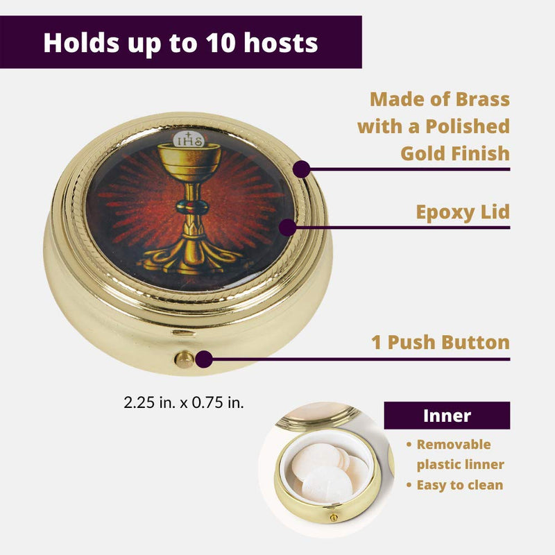 NewNest Australia - Gold Tone IHS Chalice and Host Communion PYX with Epoxy Lid, 2 1/4 Inch 