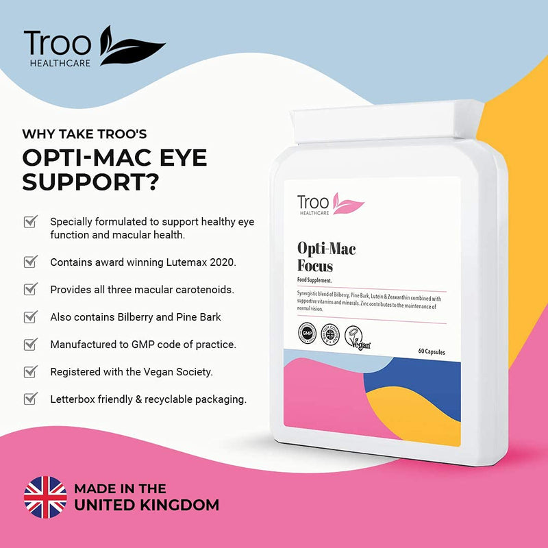 Opti-Mac Focus Eye Support 60 Capsules – Advanced Macular and Vision Support with Zeaxanthin , Lutein , Bilberry & Pine Bark - 1 Per Day Daily Supplement - 2 Months Supply – UK Manufactured - NewNest Australia