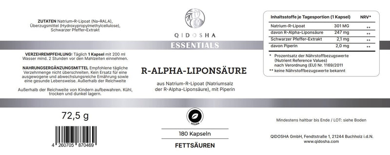 Qidosha R-Alpha Lipoic Acid, Test Winner 07/23*, R-Alpha Lipoic Acid Capsules High Dose From Na-R Lipoate & Piperine As Bioenhancer, 180 Pieces/Glass, Increased Bioavailability Thanks To Sodium R - NewNest Australia