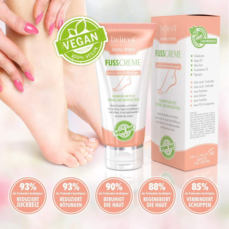 Believa Natural - Vegan foot cream for dry, rough and cracked feet - basic care for calluses and cracks - 100ml 100 ml (pack of 1) - NewNest Australia