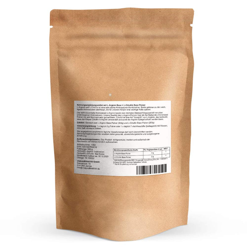 L-Arginine Base (300 G) + L-Citrulline Base (No Malate!) (200 G) Powder - Amino Acids Combination 500 G - Fermentation Recovery - Premium Quality - Vegan - No Additives And Additives - NewNest Australia