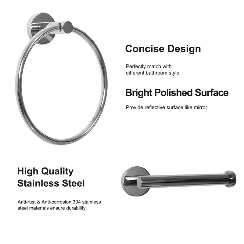 HouseAid Towel Ring and Toilet Paper Holder Set 2 Pieces Bathroom Hardware Stainless Steel Bathroom Hand Towel Holder Circle Towel Hanger Wall Mounted Polished Chrome - NewNest Australia