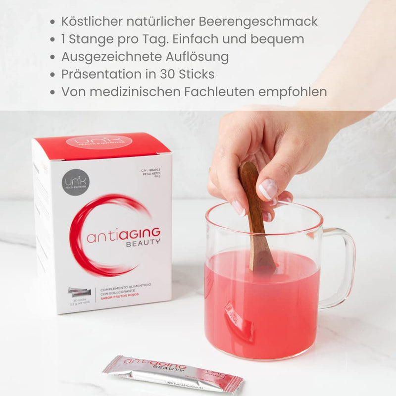 Unik Antiaging Beauty | Hydrolyzed Collagen Verisol (5 Clinical Studies) With Hyaluronic Acid, Pomegranate, A√ßai, Vitamin C, Biotin | Reduces Wrinkles And Skin Sagging | 30 Sticks | Unik Health - NewNest Australia