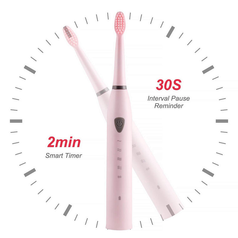 Rechargeable Electric Sonic Toothbrush for Adults 5 Modes Electric Travel Toothbrush with 2 Mins Timer and 4 Brushheads, for Daily Tooth Whitening and Oral Care (Pink) Pink - NewNest Australia