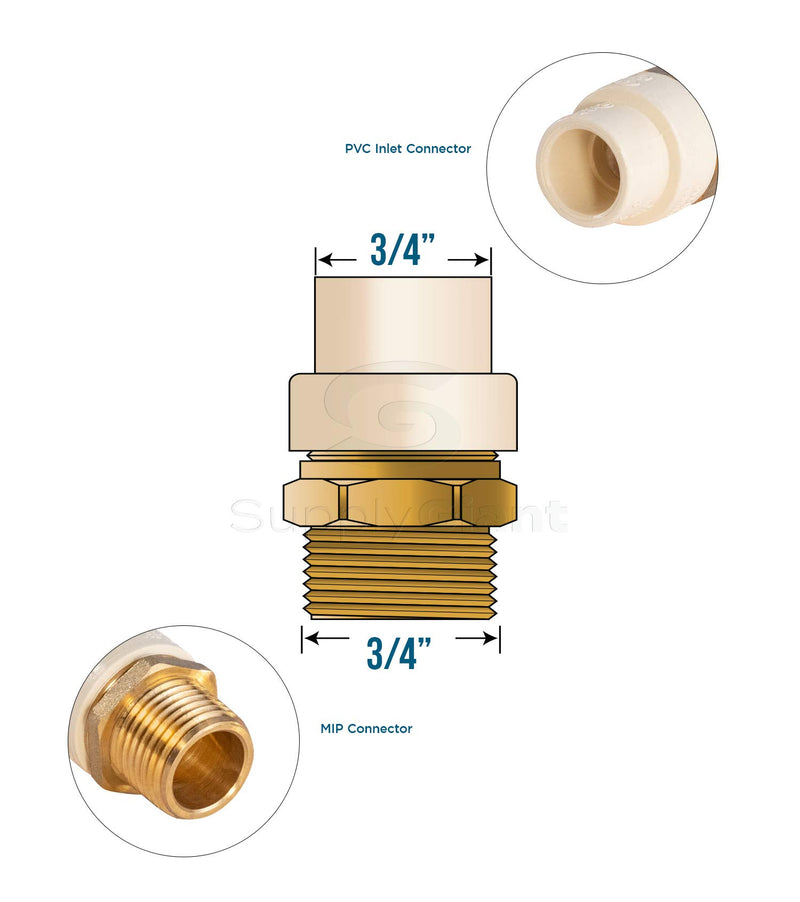 Supply Giant CSDQN056 Male x PVC Adapter Transition Pipe Fitting Durable Over Molded One-Piece Design 3/4 in. Lead Free Brass - NewNest Australia