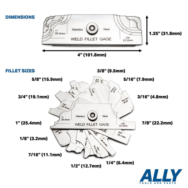 Ally Tools 7 Piece Fillet Welding Inspection Gauge Set Includes Leather Case - (1/8" - 1") Ulnar Metric & Inch - Perfect for Checking Leg Length and Throat Thickness for Professional Welders - NewNest Australia