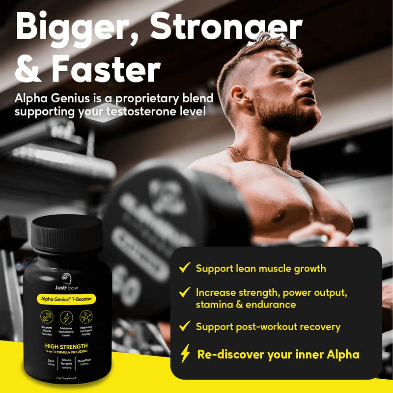 JustFloow Alpha Genius® Testosterone Booster for Men | Natural Testo Supplement | 12 High Strength Ingredients - Tribulus Terrestris, D-Aspartic Acid, Maca Roots | Support Recovery & Muscle Function - NewNest Australia