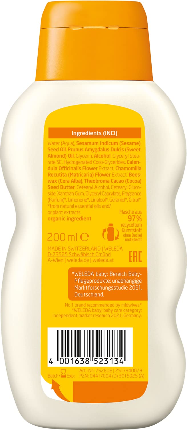 WELEDA Organic Baby Calendula Care Milk - natural cosmetic body lotion with almond oil and beeswax for the care and cleansing of dry baby skin. Mild skin care lotion for babies and children (1x 200ml) - NewNest Australia