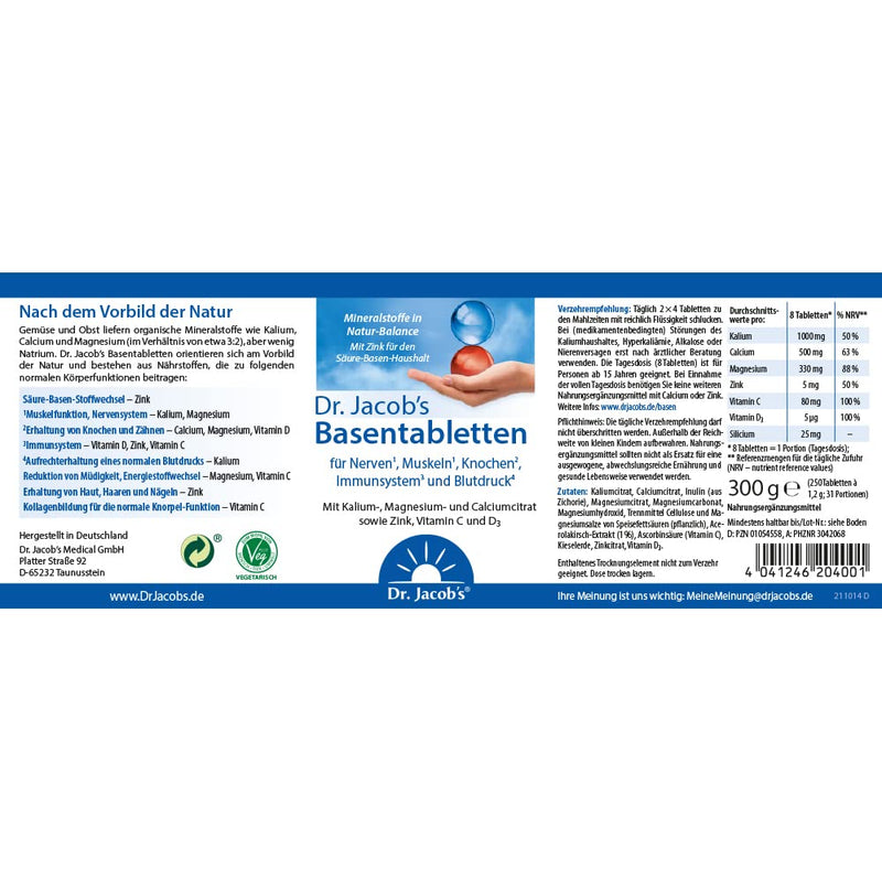 Dr. Jacob'S Base Tablets, 250 Tablets I Low In Sodium, Rich In Potassium I For Muscles, Blood Pressure¬_ And Bones¬≤ I Minerals Potassium, Calcium, Magnesium, Vitamins C And Di 31 Servings - NewNest Australia