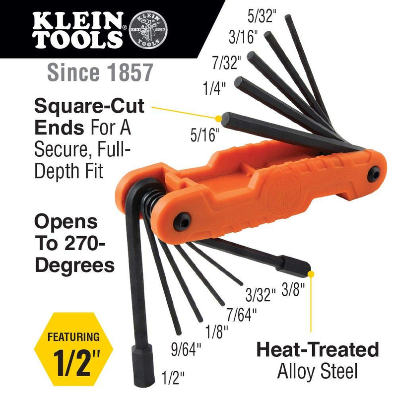 Klein Tools 70550 Hex Key Set, 11 SAE Sizes, Heavy Duty Folding Allen Wrench Tool with Extra Long Hex Keys - NewNest Australia