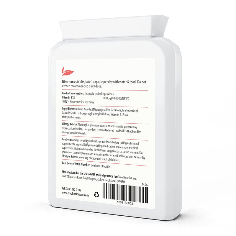 Vitamin B12 Methylcobalamin Supplement 1 mg - 120 Easy Swallow Daily Capsules - High Strength 1000 mcg per Capsule – Energy and Nervous System Support - UK Manufactured to GMP Standards - NewNest Australia