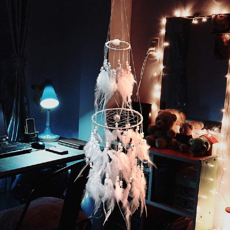 NewNest Australia - Alynsehom Dream Catcher White Feather Light Up LED Star Fairy String Lights Double Circle Dreamcatcher Wedding Wall Hanging Nursery Kids Bedroom Baby Tent Decoration 