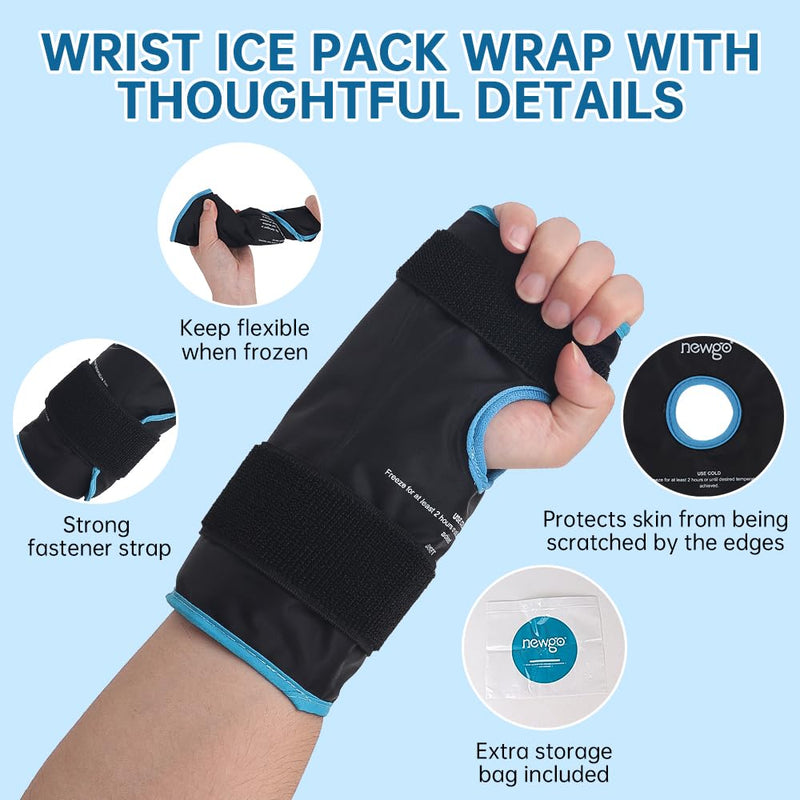 NEWGO Wrist Ice Pack Wrap, Reusable Gel Ice Packs for Hand Injuries, for Carpal Tunnel, Rheumatoid Arthritis, Tendonitis, Sports Injuries, Swelling, Bruises, Sprains (Black) Black - NewNest Australia