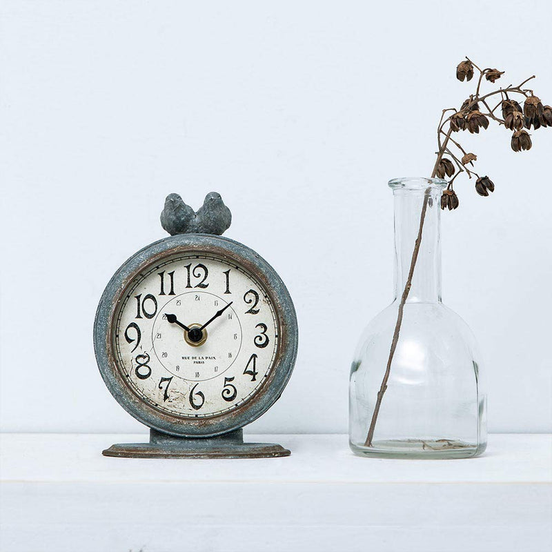 NewNest Australia - NIKKY HOME Shabby Chic Pewter Round Quartz Table Clock with 2 Birds, 4.75" x 2.5" x 6.12" Slate Grey 