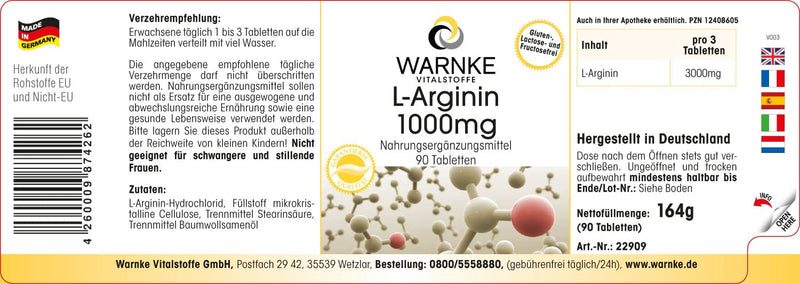 L-Arginine 1000mg - high dose & vegan - 3000mg L-Arginine HCl per daily dose - 90 tablets | Warnke vital substances - NewNest Australia