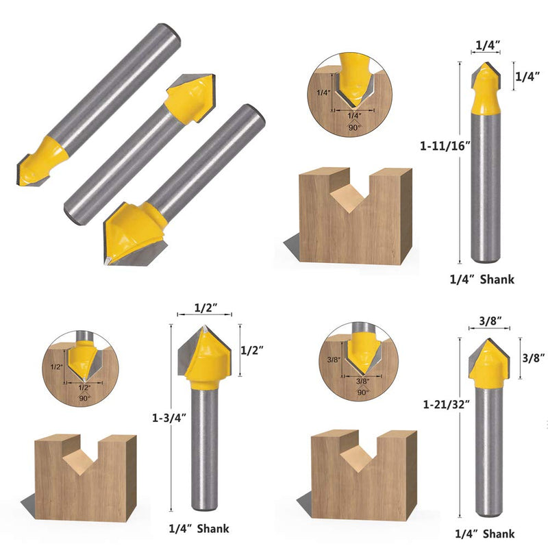 Yakamoz 6Pcs 1/4" Shank Carbide 90 Degree V-Groove and Round Nose Groove Router Bit Set 3D CNC Signmaking Lettering Engraving Cutter Woodworking Carving Cutting Tool - NewNest Australia