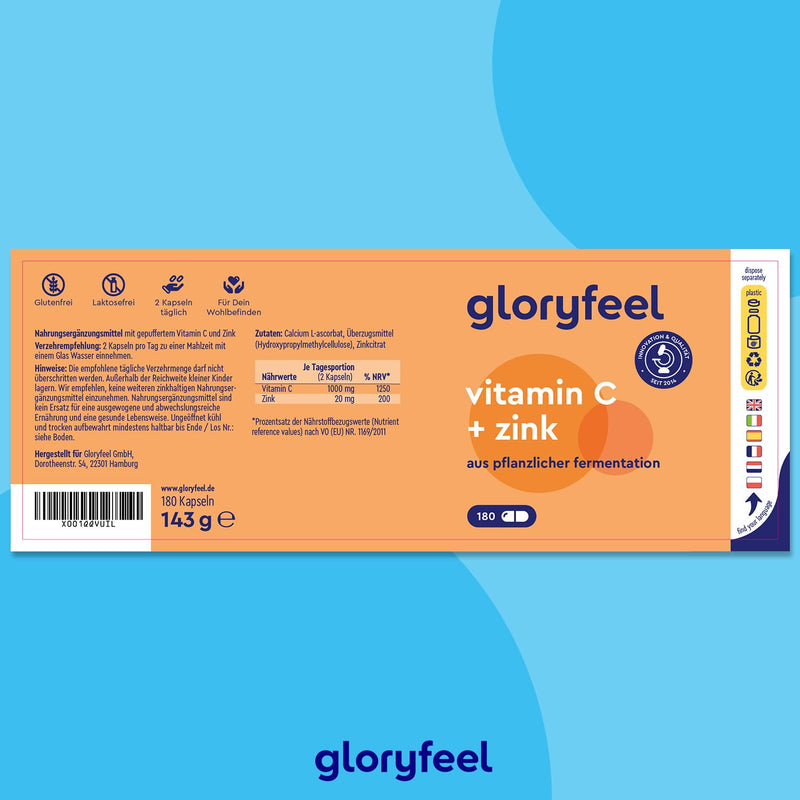 gloryfeel vitamin C and zinc tablets - 1,000 mg vitamin C from calcium L-ascorbate + 20 mg zinc citrate - 180 capsules - best combination for the immune system and protection against stress * - vegan immune complex - NewNest Australia