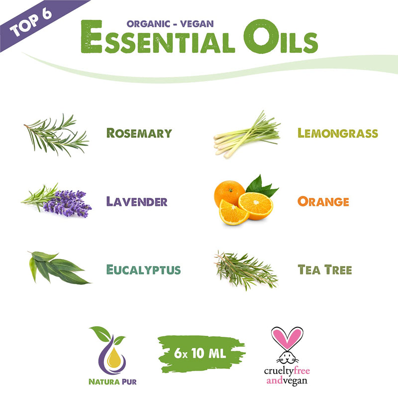 Organic Essential Oils Set - 100% Organic Natural - Fragrance Oils For Diffusers And Aromatherapy, 6 X 10 Ml (Rosemary, Lavender, Eucalyptus, Lemongrass, Orange, Tea Tree) - NewNest Australia