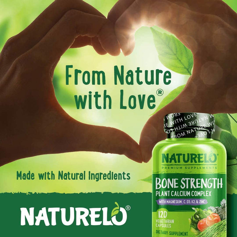 NATURELO Bone Strength - Plant-Based Calcium, Magnesium, Potassium, Vitamin D3, VIT C, K2 - GMO, Soy, Gluten Free Ingredients - Whole Food Supplement for Bone Health - 120 Vegan Friendly Capsules 120 Count (Pack of 1) - NewNest Australia