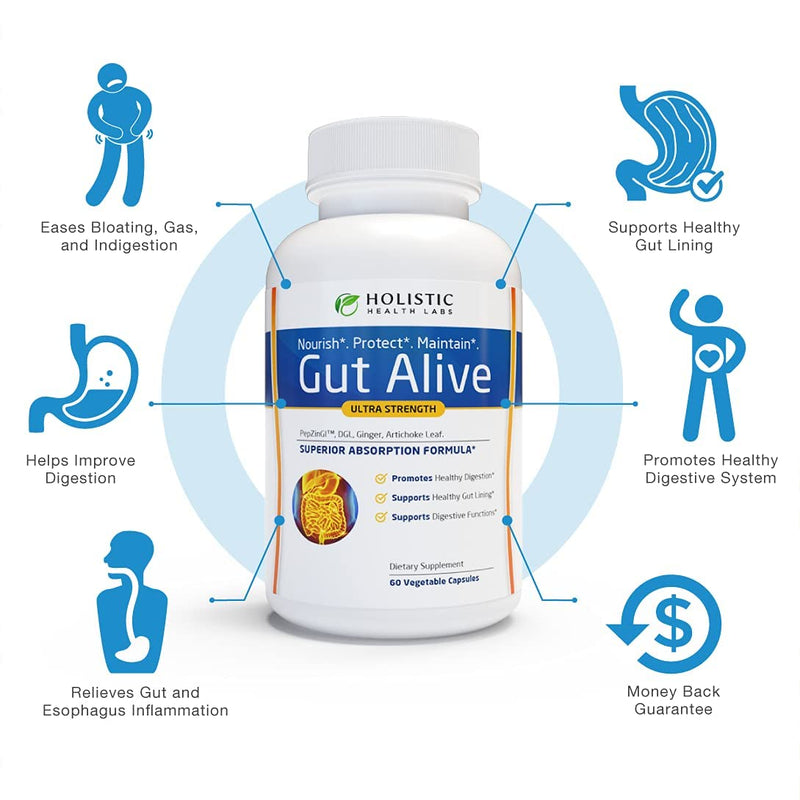 Holistic Health Labs Gut Alive - For Leaky Gut with Zinc Carnosine, Ginger Root, Artichoke Leaf Extract & Licorice (DGL). Supports IBS, Heartburn, Bloating, Gas, Constipation. 60 Capsules. - NewNest Australia