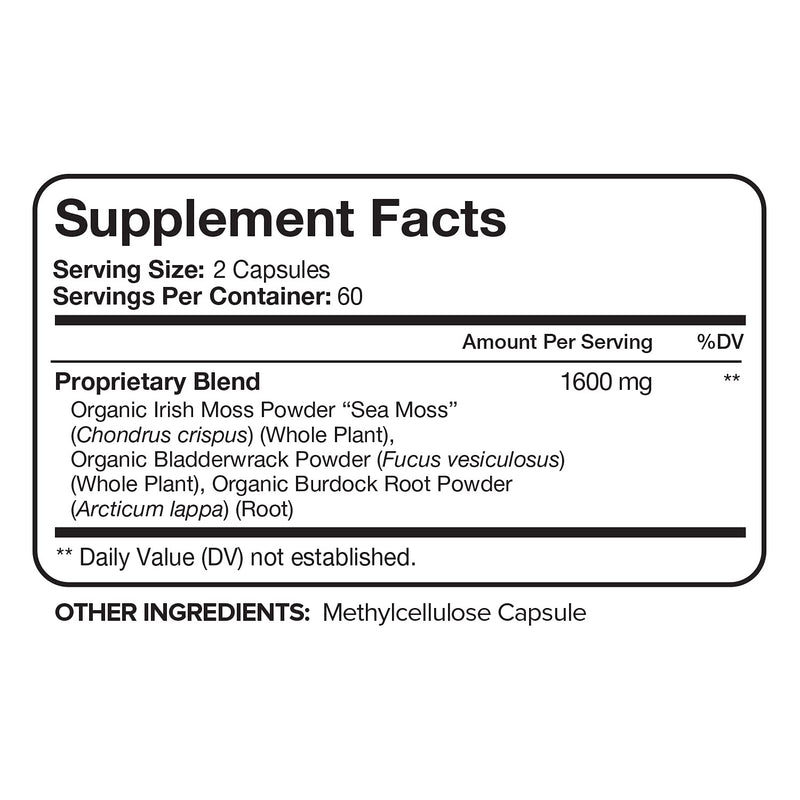 Nutrivein Organic Sea Moss 1600mg Plus Bladderwrack & Burdock - 120 Capsules - Prebiotic Super Food Boosts The Immune System & Digestive Health - Thyroid, Healthy Skin, Keto Detox, Gut, Joint Support - NewNest Australia