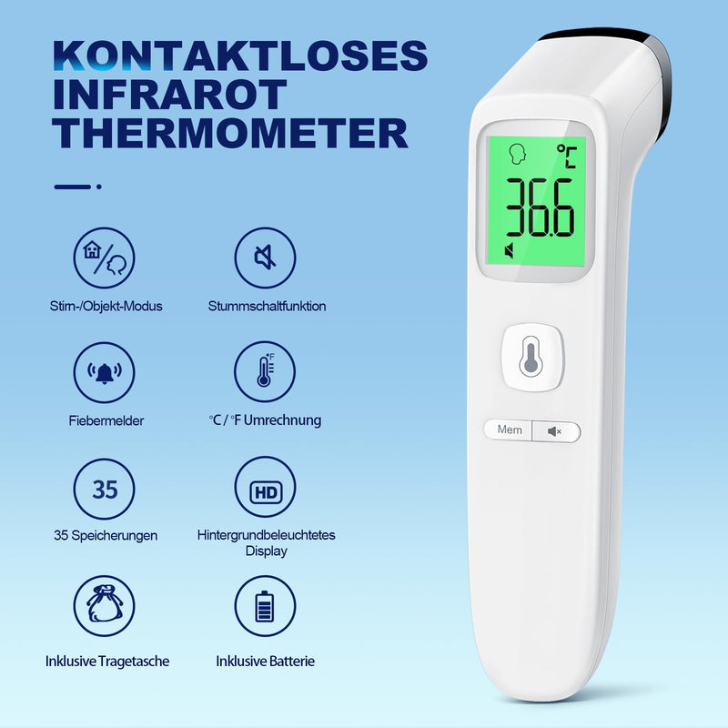 Fever Thermometer Contactless Forehead Thermometer, Digital Infrared Thermometer for Babies and Adults with Instant Accurate Readings, Fever Alarm, LCD Display and 35 Memory Recall (Cream) Cream - NewNest Australia
