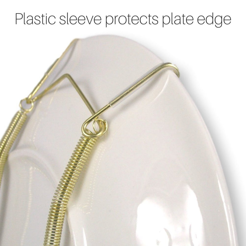 NewNest Australia - BANBERRY DESIGNS Brass Vinyl Coated Plate Hanger 8 to 10 Inch - Set of 12 Pcs - Clear Vinyl Sleeves Protect The Plate - Hook and Nail Included 