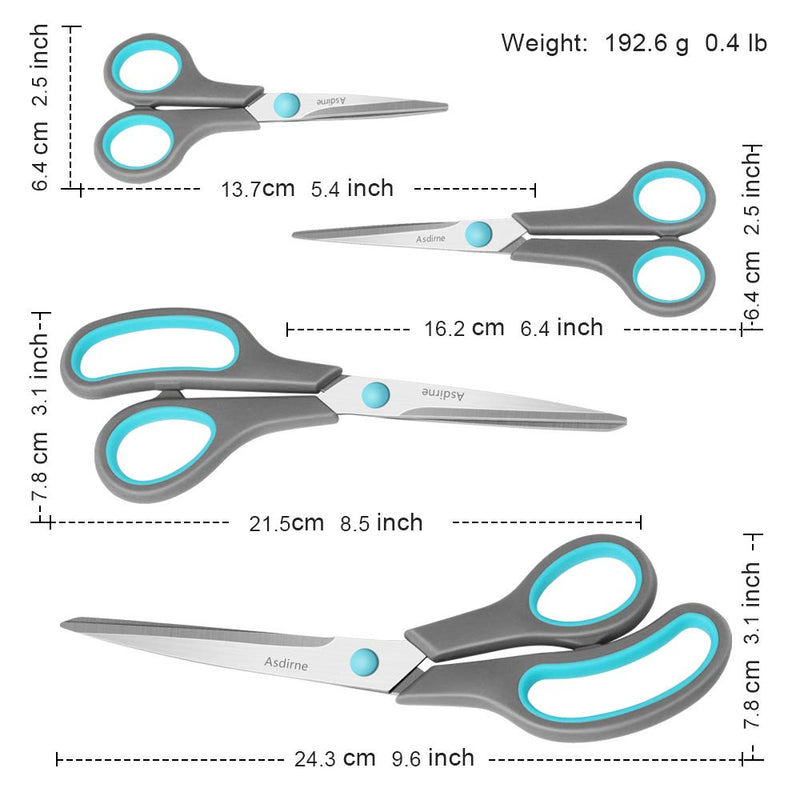 Asdirne Scissors Set of 4, Premium Stainless Steel Razor Blades, Ergonomic Semi-Soft Rubber Grip, Suitable for School, Office and Family Daily Use, 5.4/6.4/8.5/9.6inch, Blue&Gray - NewNest Australia
